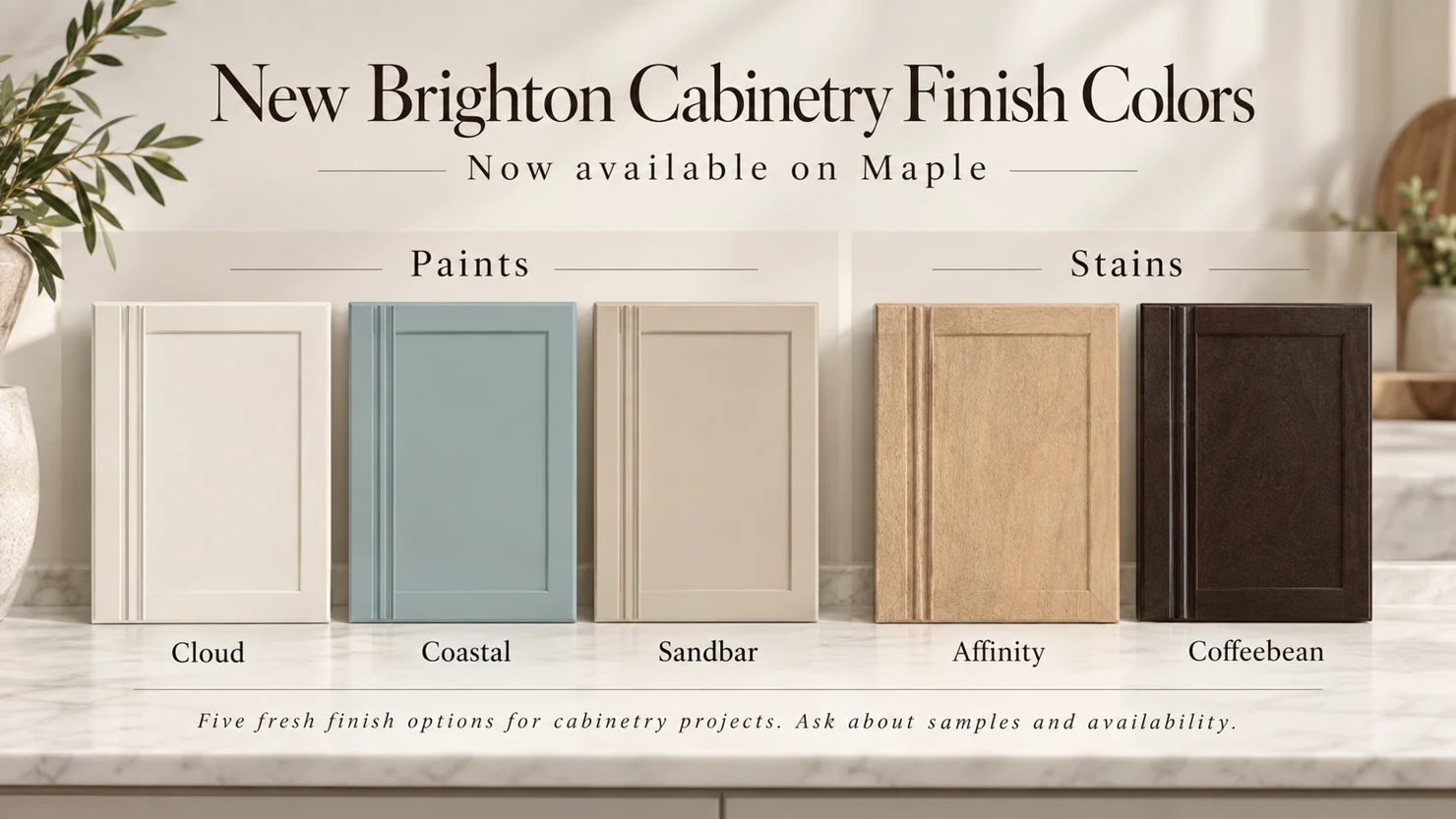 Illustration highlighting five new Brighton Cabinetry maple finishes