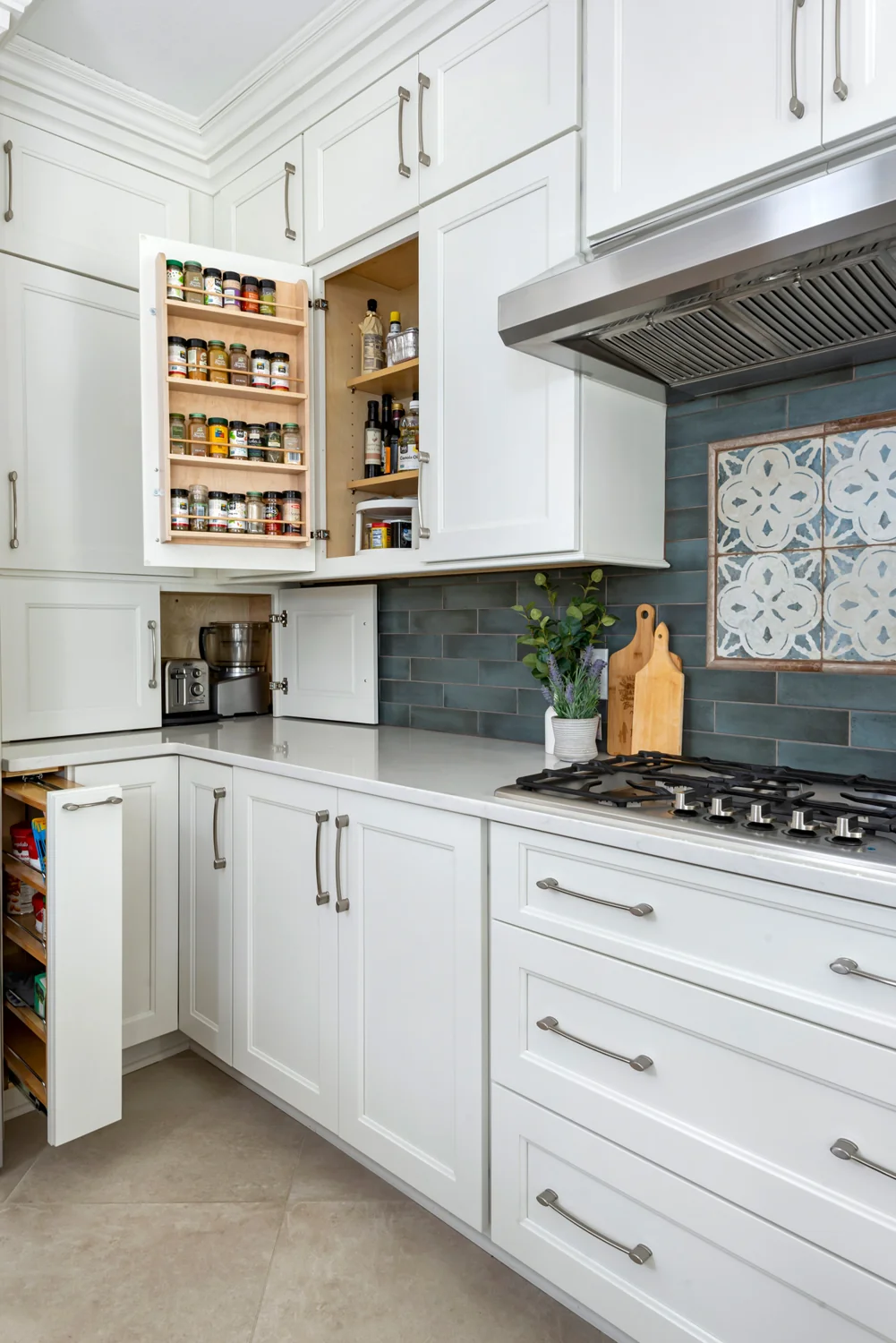 Kitchen cabinet storage accessories and organized pullouts