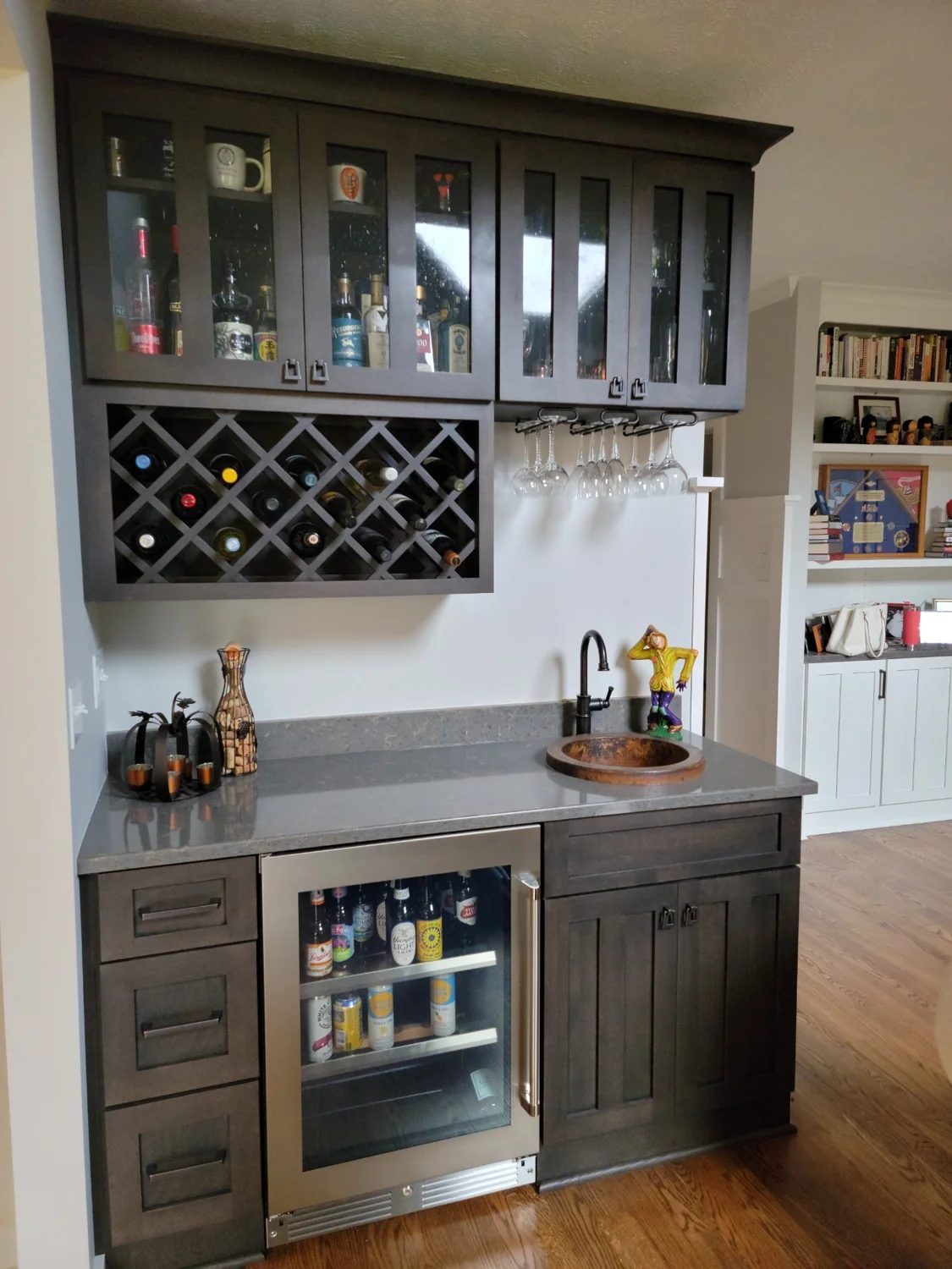 Custom beverage cabinetry and storage designed by Amy Bianconi