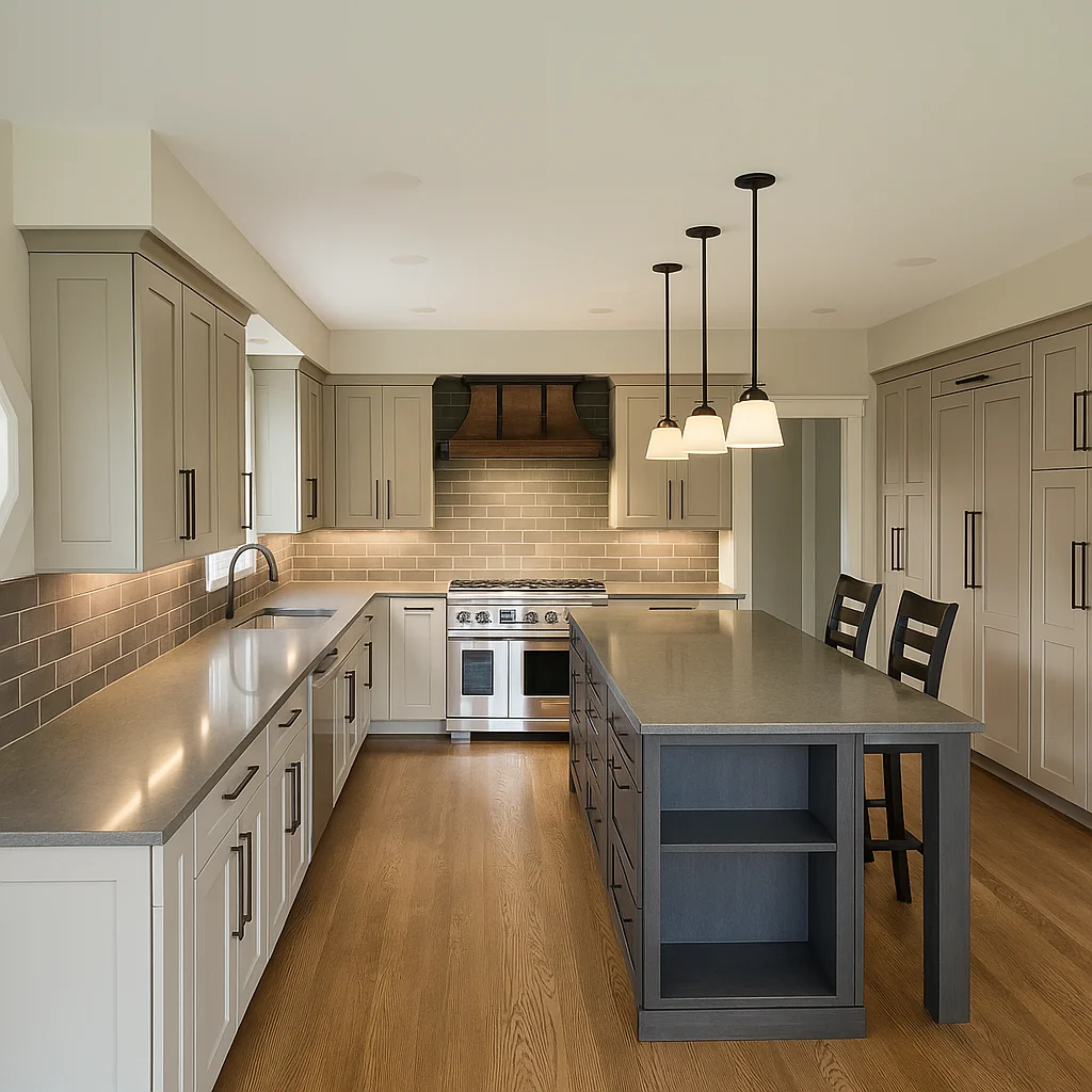Kitchen designed by Amy Bianconi with contrasting cabinetry, large island and custom range hood